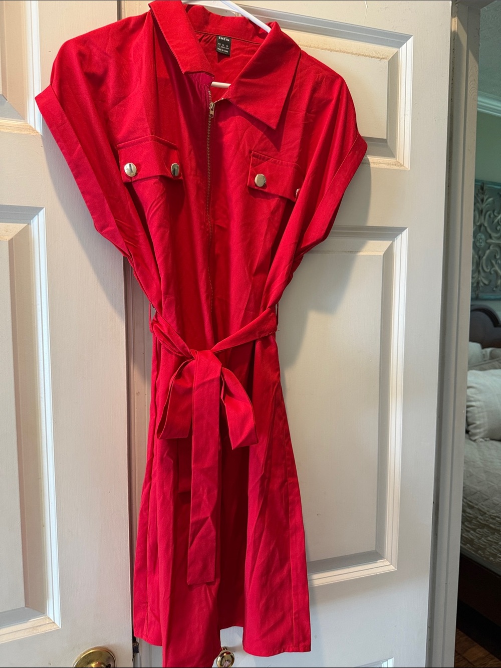 SHEIN Red Belted Shirt Dress
